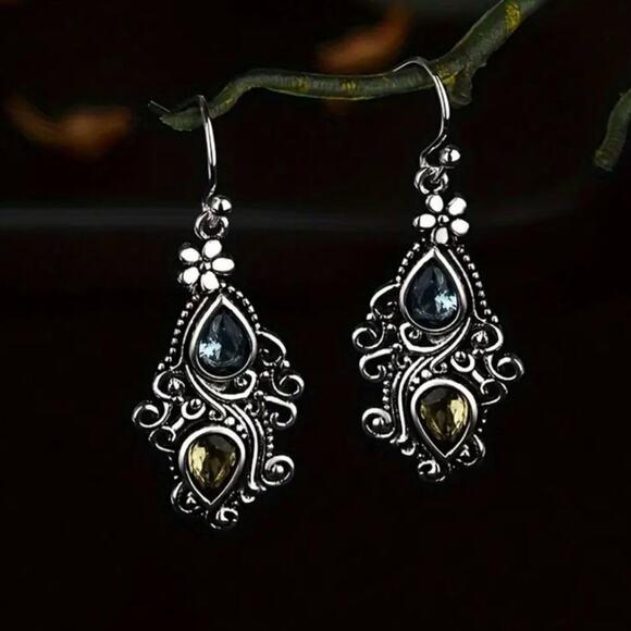 Floral filagree boho sliver tone earrings w/ blue & yellow teardrop rhinestones - Picture 2 of 5